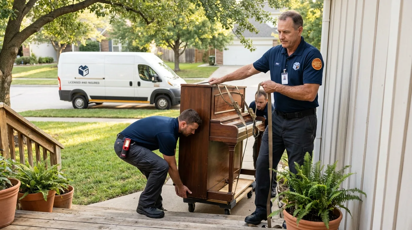 Licensed piano movers securing grand piano in Warren, OH