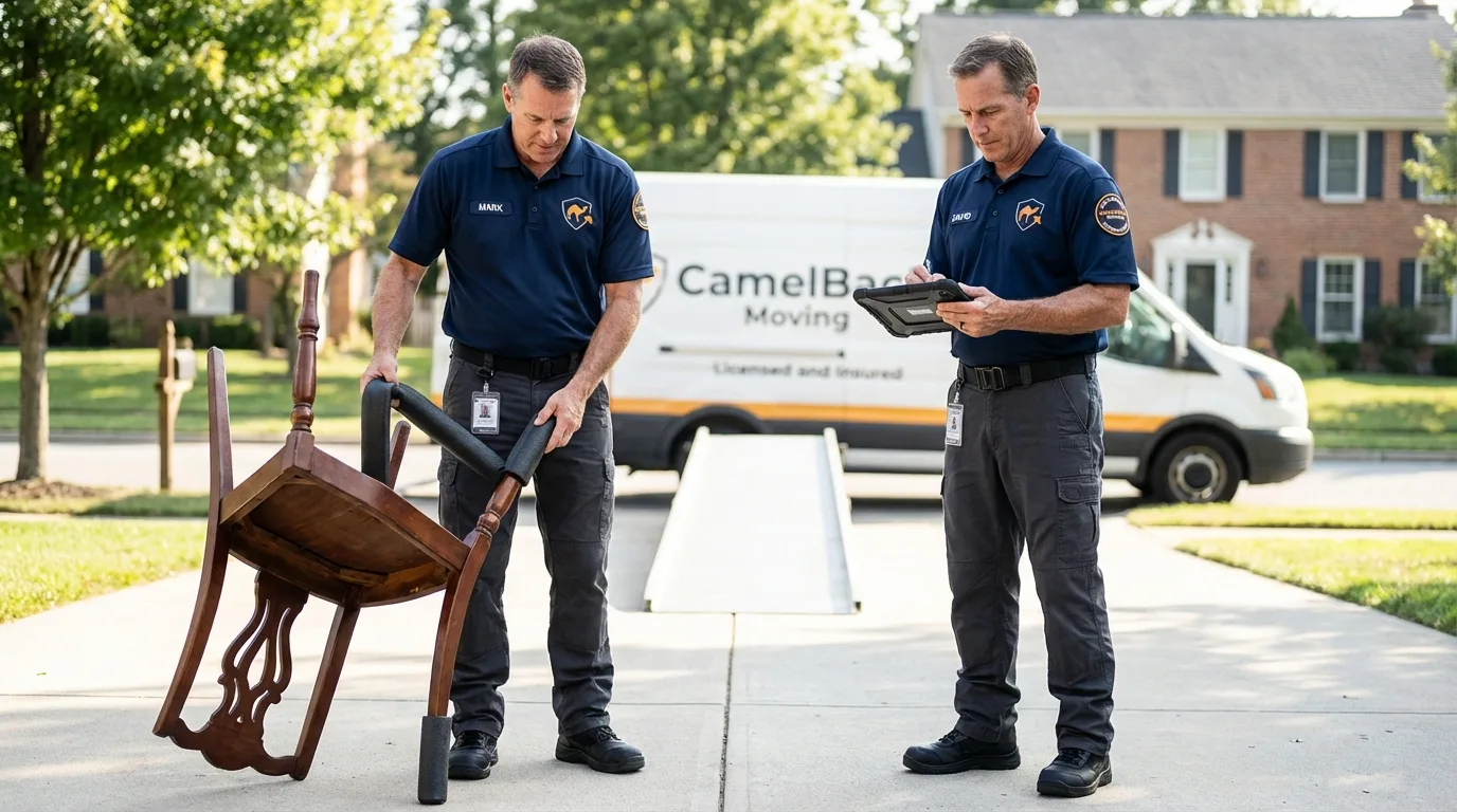 Movers inspecting furniture for damage prevention before loading in Warren, OH