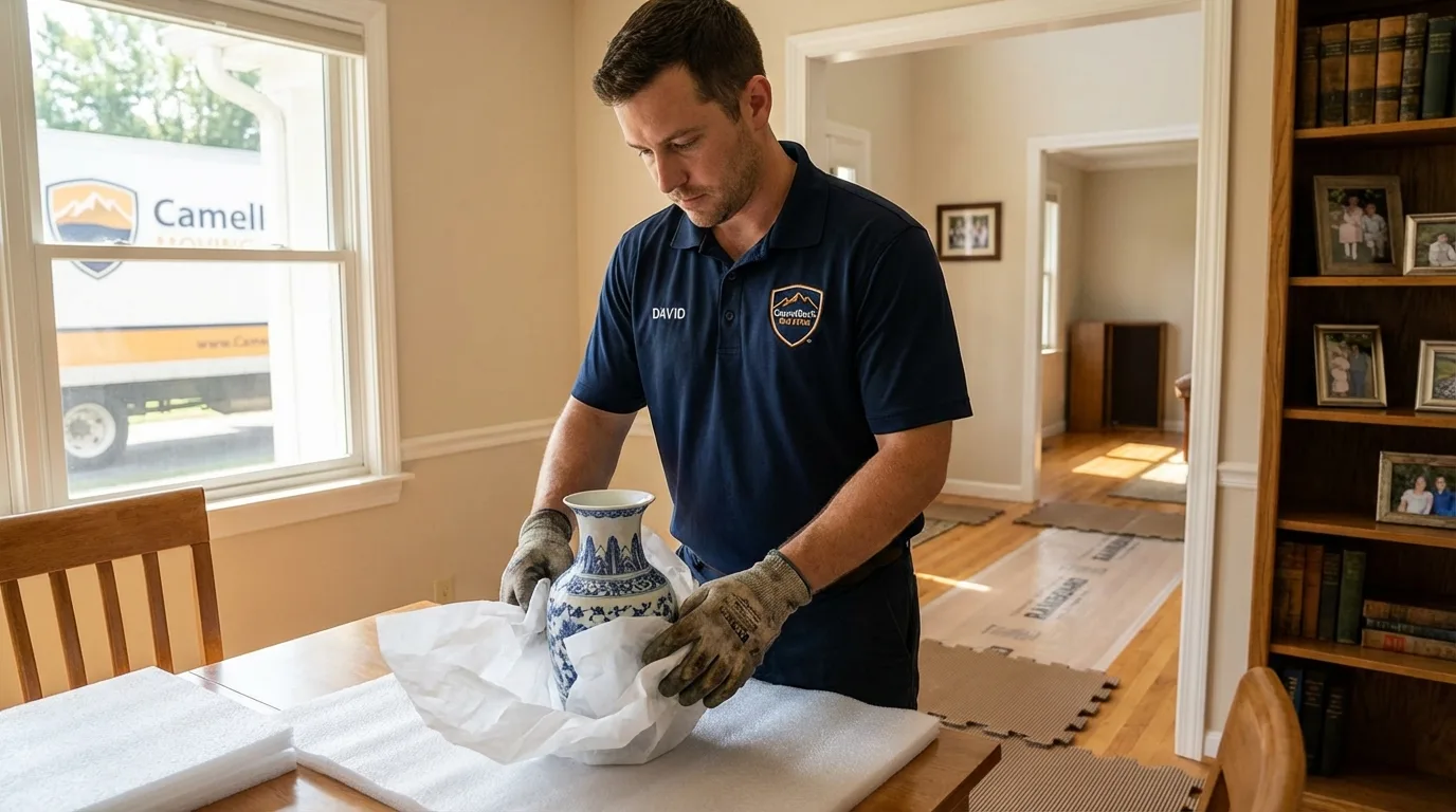 Professional crew carefully wrapping antique vase for senior downsizing move in Warren, OH